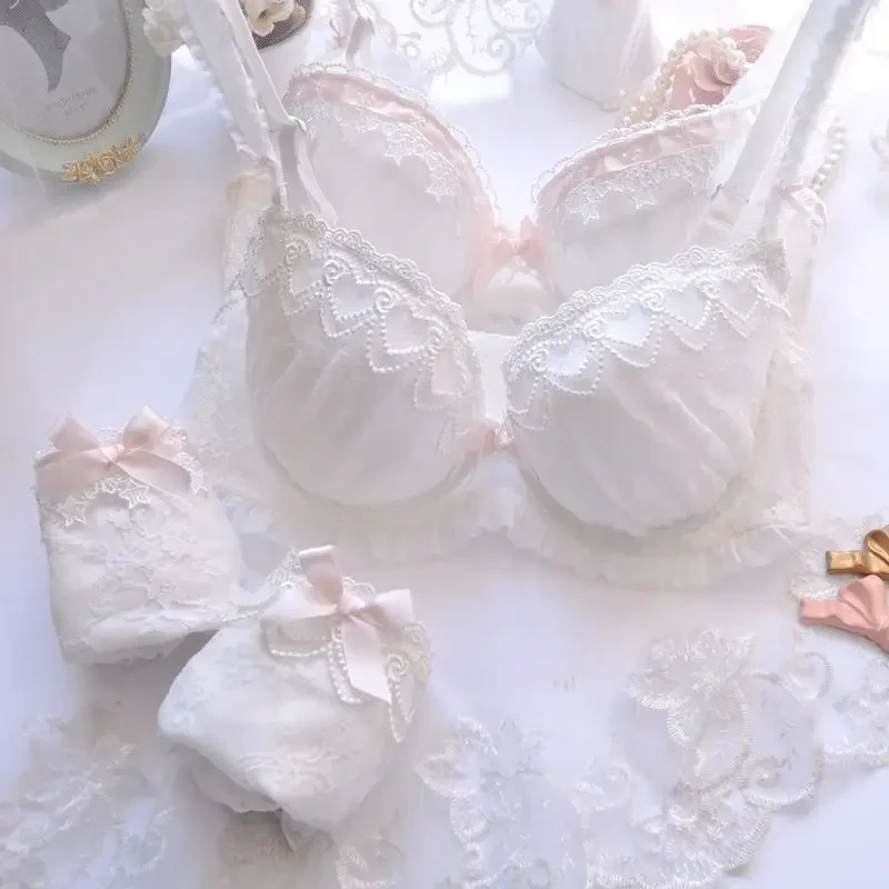 

Japanese Girls Brief Sets Cute Gathering Sexy Underwear Set Women's White Bra Set Water Soluble Embroidery Thin Cup