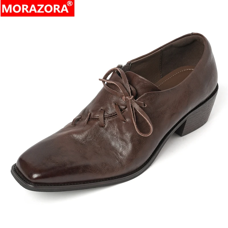 

Женская обувь MORAZORA из натуральной кожи, туфли на среднем каблуке с квадратным носком, офисная обувь в стиле ретро, весенне-осенняя женская обувь ручной работы