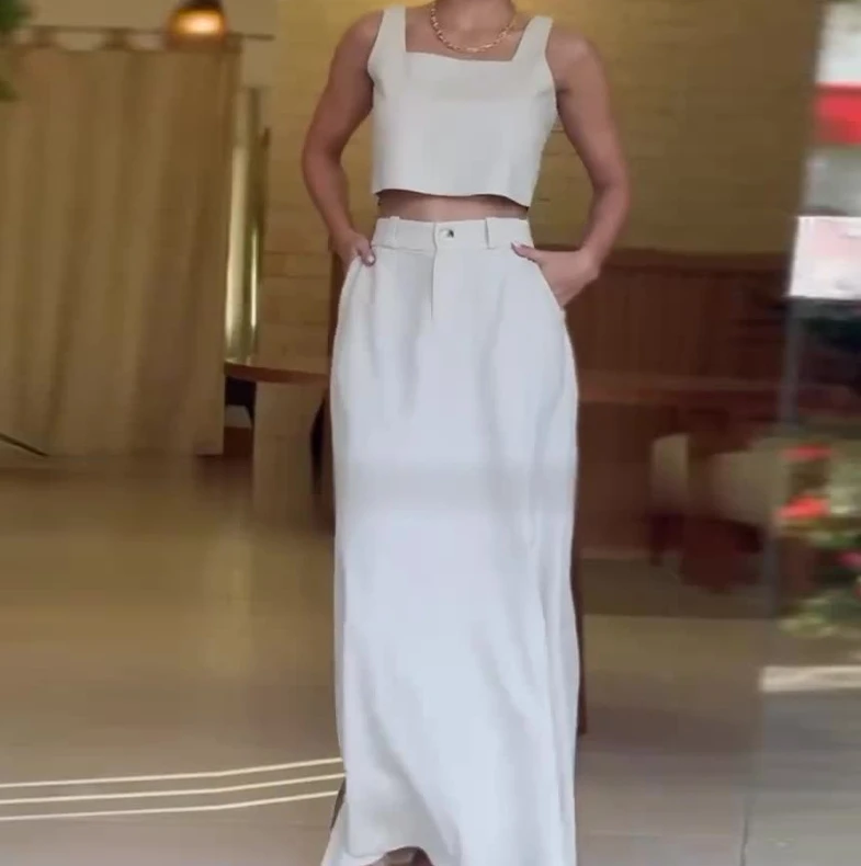 Two Piece Set Women Outfit 2024 Summer Fashion Square Neck Sleeveless Solid Color Crop Tank Top & Casual High Waist Skirt Set