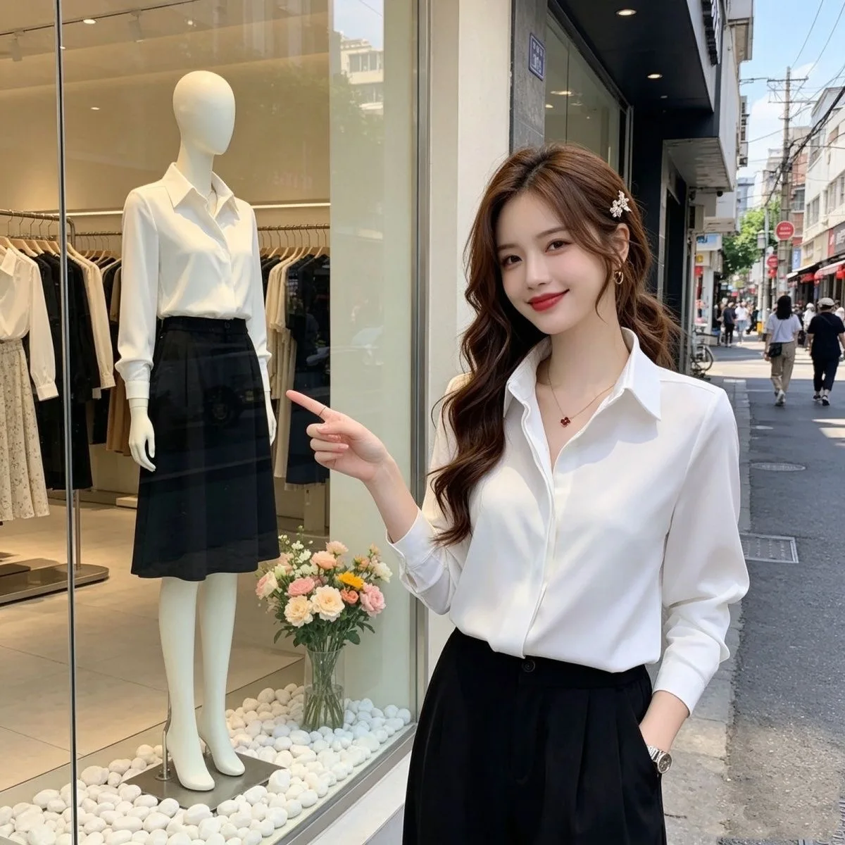 

White Long Sleeve Simulation Shirt 2026 New Style Professional Suit Design Sensation Top Women's Fashion Casual Wear