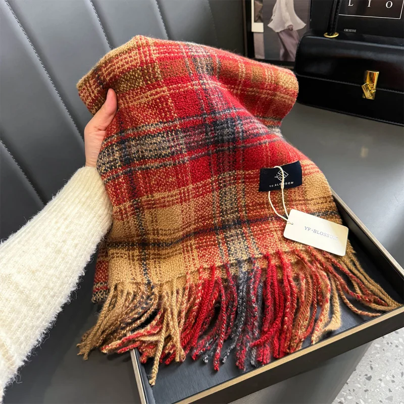 Plaid Scarf Outer Wear Ladies Winter Neckerchief Neck Windproof Scarf Keep Warm Thickened All-Matching Long Double-Sided Shawl