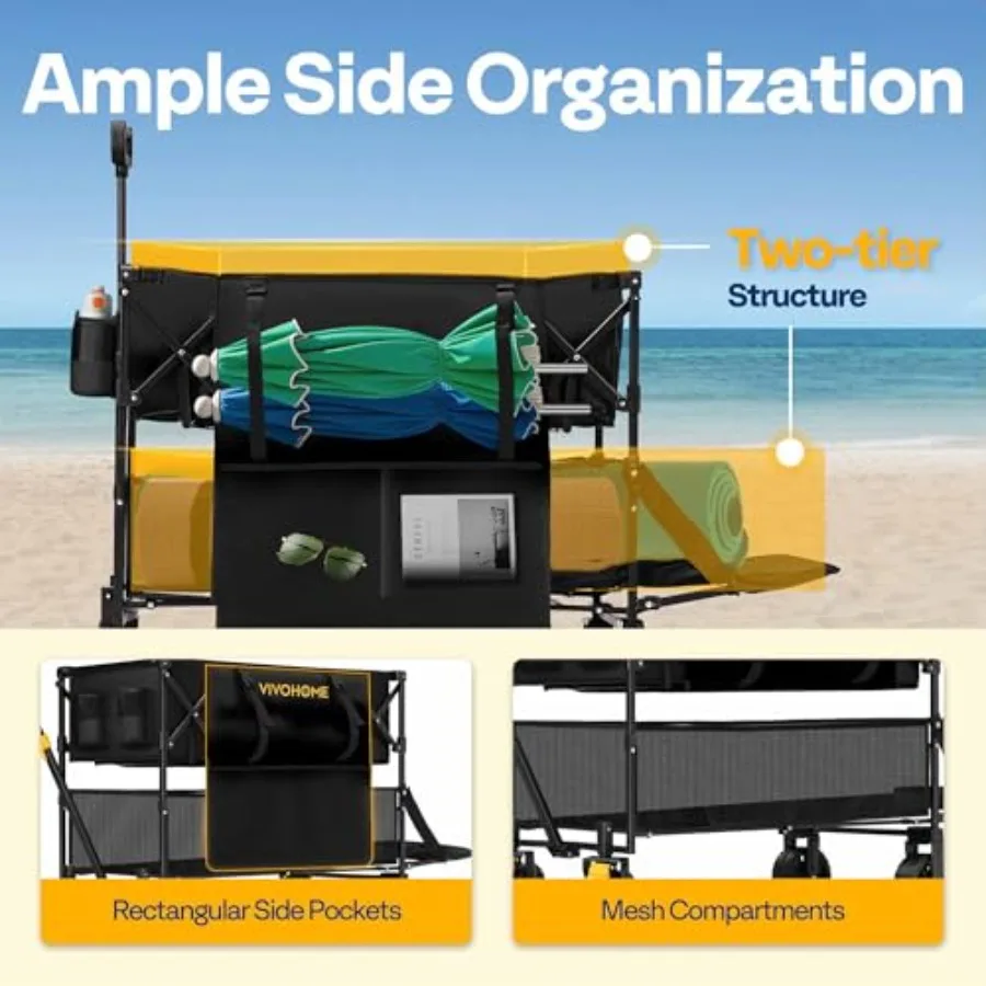 Vagão dobrável de dois andares de grande capacidade 400L 500lbs Carrinho dobrável utilitário resistente com rodas grandes 53 estendido para acampamento