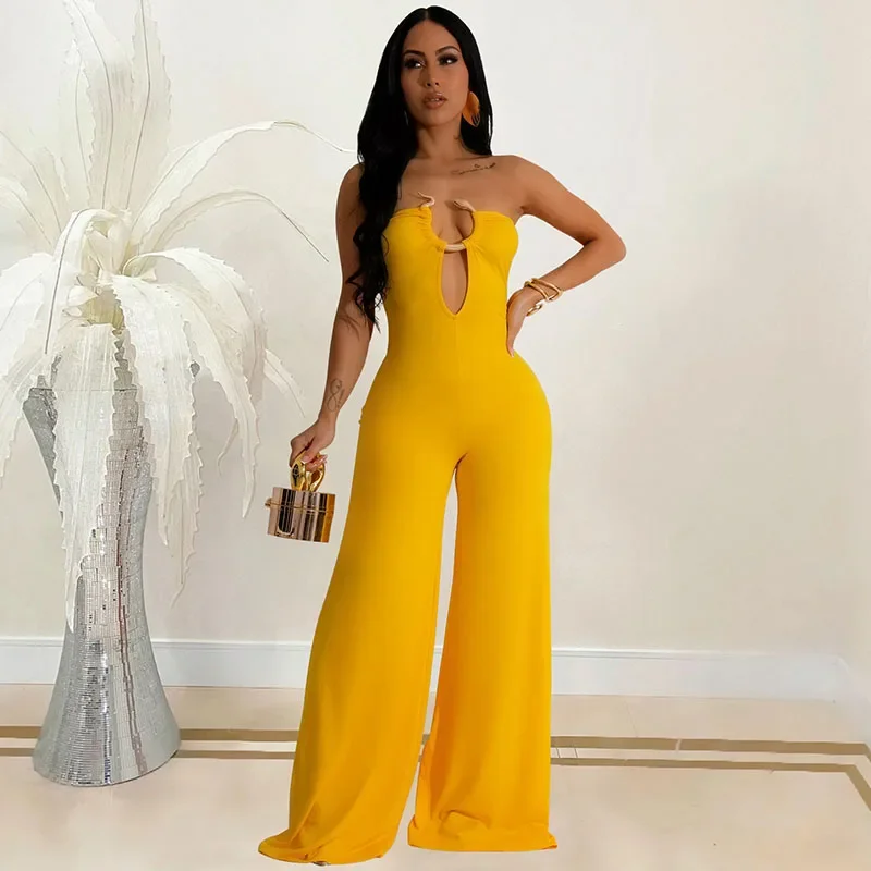 Metal Ring Tube Strapless Wide Leg Overall Jumpsuit Women Elegant Sleeveless Backless Rompers Night Club Party Birthday Outfits