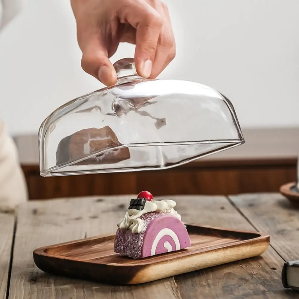 

Multi-Function Wooden Butter Box Exquisite Reusable Storage Tray with Glass Dust Cover Fruit Plate Dessert