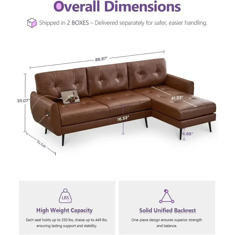 89 3-Seat L-Shaped Leather Sectional Sofa with USB & Type-C Charging Ports, Deep-Seat Chaise Option