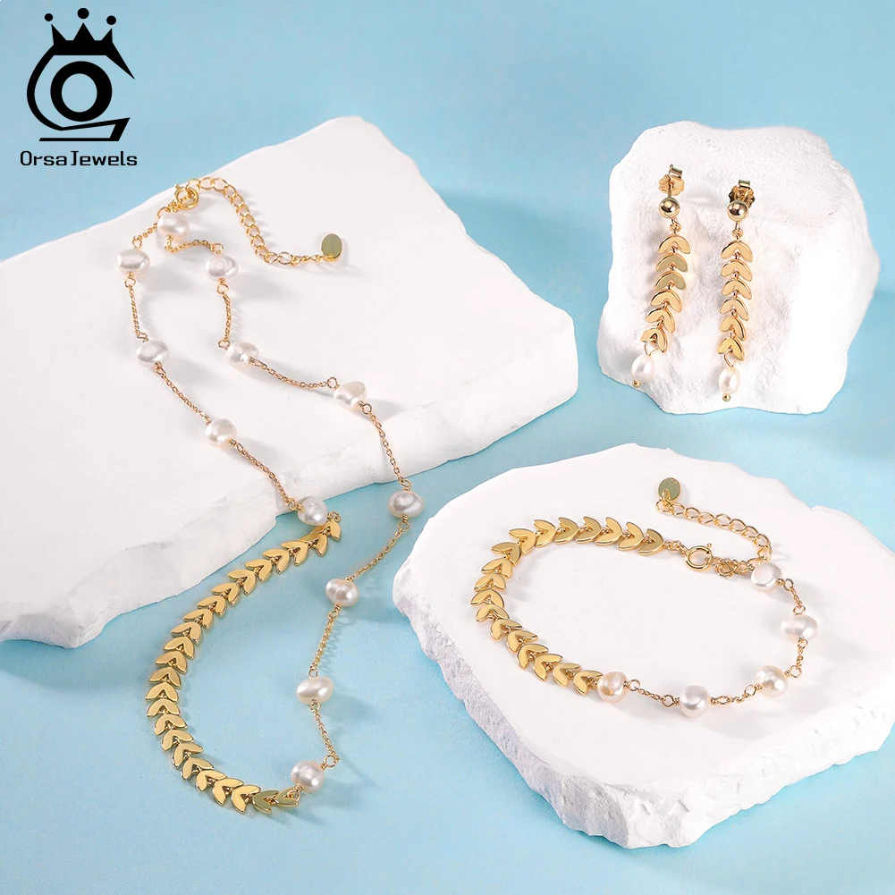

ORSA JEWELS модные нерегулярные браслеты с подвесками из пресноводного жемчуга женские стерлингового серебра 925 пробы с листьями браслет из бисера набор цепочек GPB45