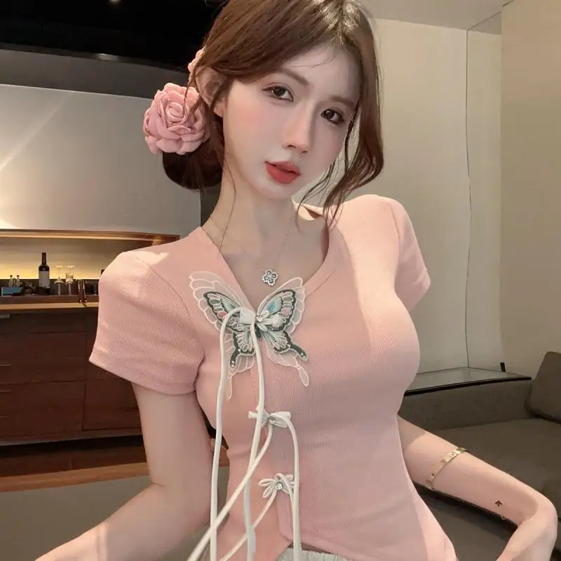 

2026 New Summer Chinese Style Butterfly Decor Short Sleeve T shirt For Women Irregular Frog Button Tassel Slim Fit Tops Fashion