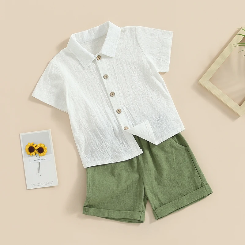 Toddler Baby Boy Cotton Linen Outfits Short Sleeve Button Down Lapel Shirt Shorts Set 2Pcs Summer Clothes