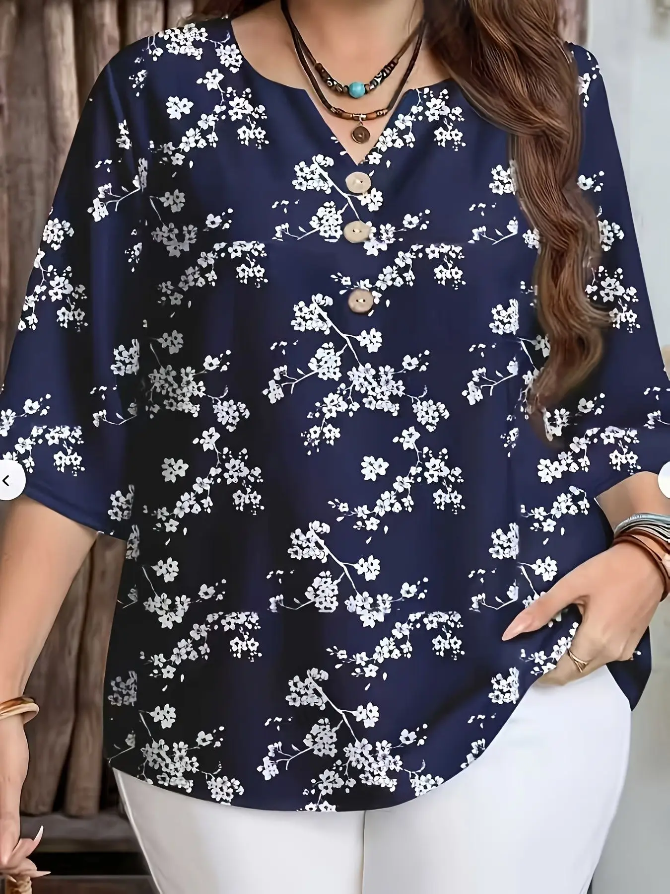 Women Notch V Neck 3/4 Sleeve Blouse Vintage Damask Plum Tulip Watercolor Wild Floral Print Loose Casual Top