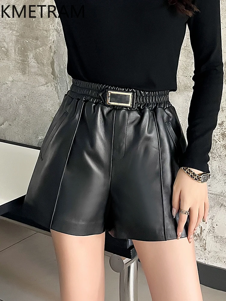 Genuine Leather Shorts for Women 2024 Fashion Female Trousers Real Sheepskin Shorts Elastic Waist Shorts Slim Fit Шорты Женские