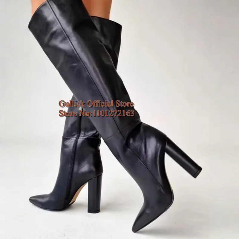 

Black Matter Chunky Heel Knee High Boots Slim Zipper Pointed Toe Square Heel Tall Boots Sexy Long Dress Shoes