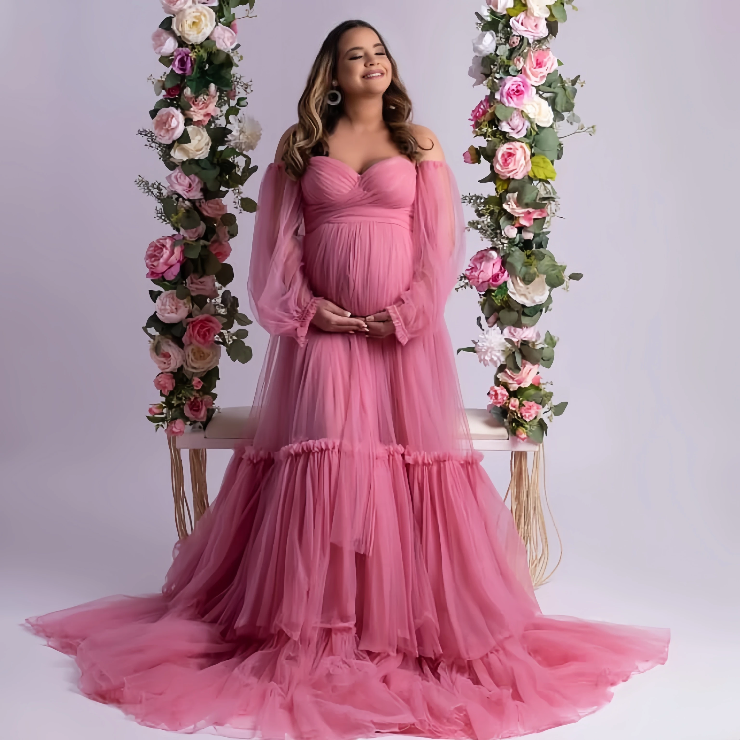 

Elegant Maternity Dress for Photoshoot Long Sleeve Pink Gowns Tulle Pregnancy Babyshower Prom Dress Prom Robe Evening Wear