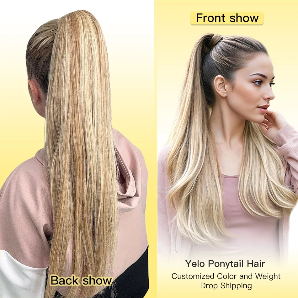 Yelo Straight Ponytail Human Hair Wrap Around Highlight Ponytail Brazilian Remy Magic Tie Ponytail 100% Human Hair Horsetail