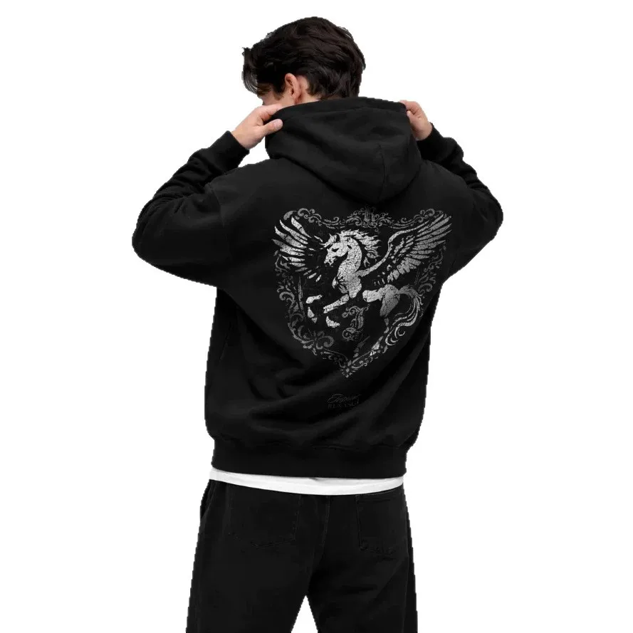 Hip Hop Zip Up Hoodie Vintage Distressed Pegasus Heart Crest Print Gothic Streetwear Oversized Long Sleeve Sweatshirt Jacket