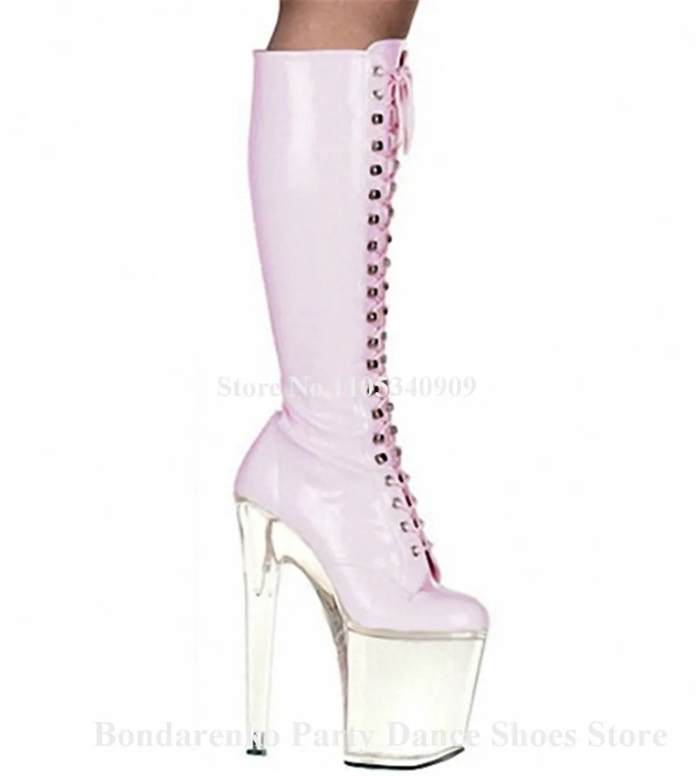 Red Pink Patent Leather Patchwork Transparent Platform Thin Heel Knee High Boots Round Toe Lace-up 17cm Thin Heel Dance Shoes