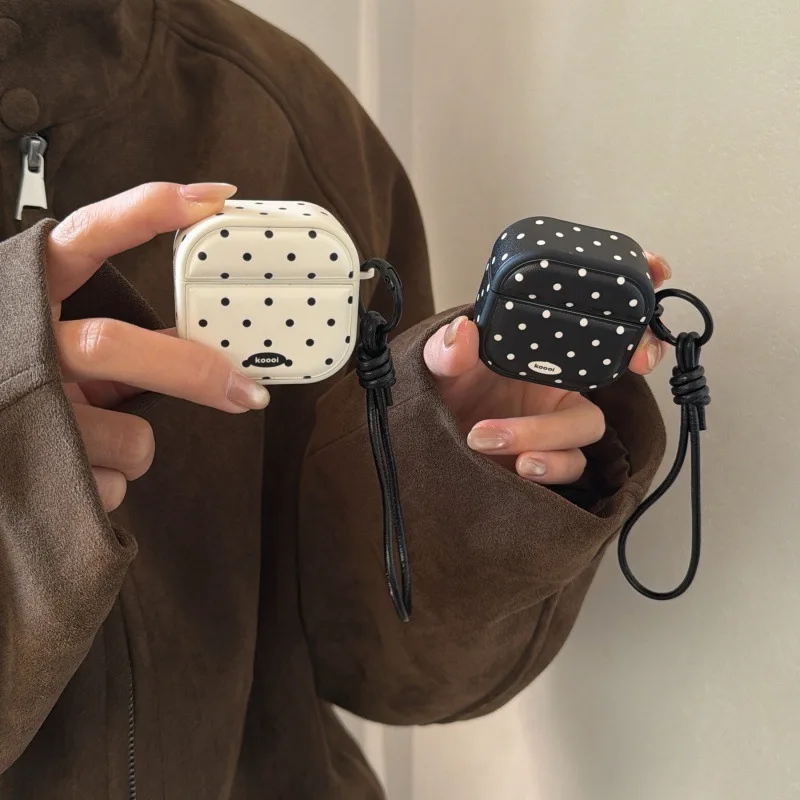 headphone cases for  AirPods Pro3 protective case Black and white polka dot minimalist leather lanyard 3. 4 Pro Pro2 cover