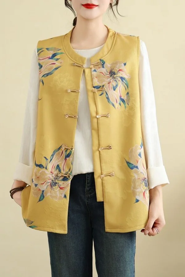 Women's New Autumn and Winter Spliced   round Neck Chinese Vest Plate Button Printed Sleeveless Jacket