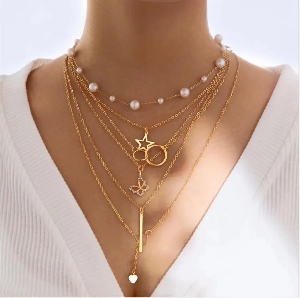 Ins Creative Personality Minority Suit Necklace Female Five-pointed Star Love Butterfly Pearl Necklace 5-piece Set