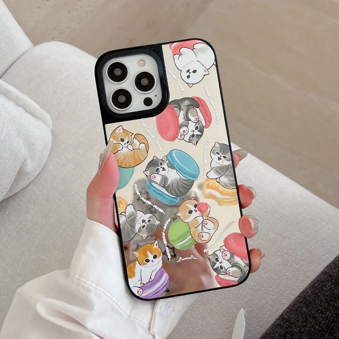 Cute Dessert Cat Mirror Black Border Magnetic Phone Case Cover for IPhone 11 12 13 14 15 Pro Max Case