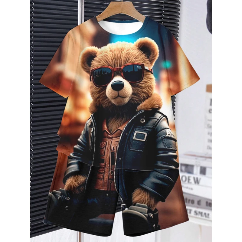 New Anime Hawaii Cool Bear Print Short-sleeved T-shirt Shorts Comfortable Summer Men's Wrinkle Warm Clothing Vacation Suit