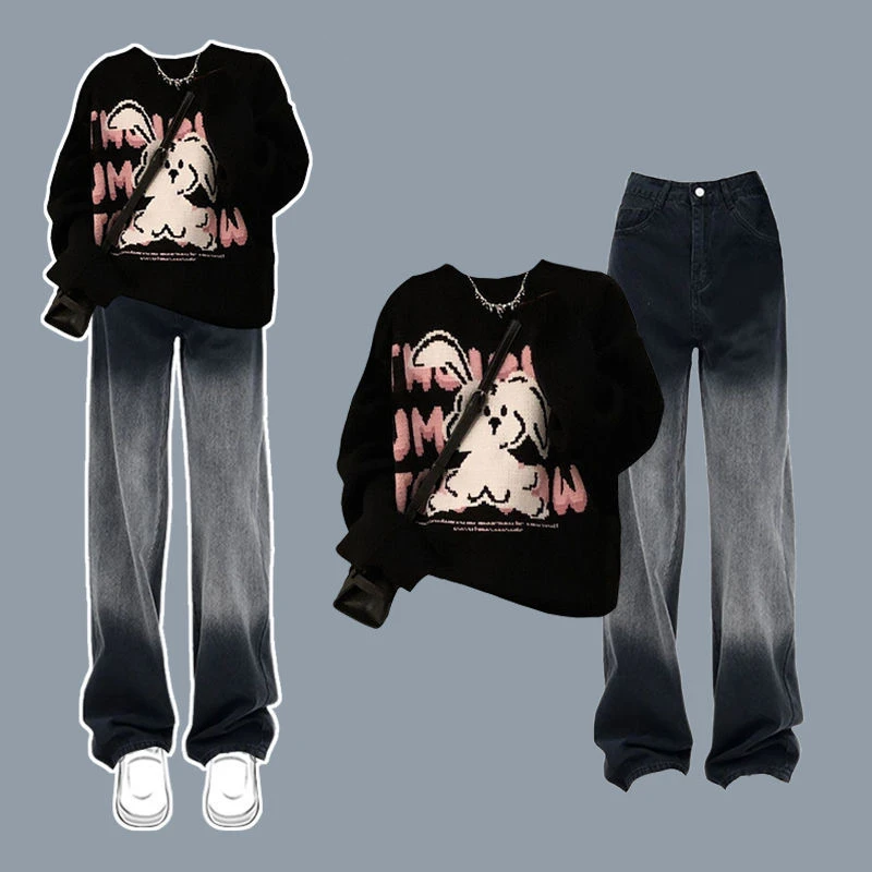 

Женский осенне-зимний милый свитер с мультяшным Кроликом, джинсовые брюки, комплект из 1 или двух предметов, женский модный черный вязаный Топ и джинсы