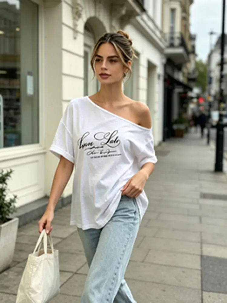 Asymmetric Off Shoulder T Shirt Letter Print Short Sleeve Loose Tee Y2K Streetwear Slant One Shoulder Casual Summer Tops