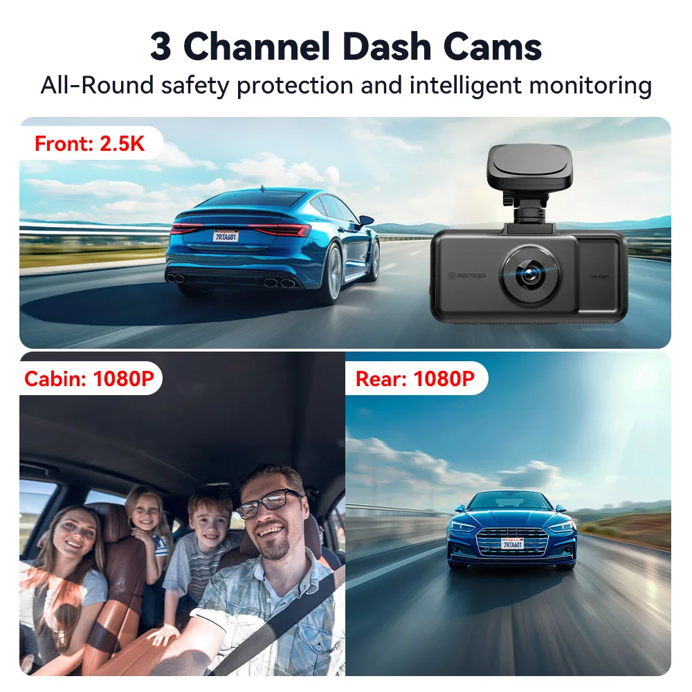 REDTIGER A6  4K Dash Cam Built-in 5.8Ghz WiFi GPS Car DVR Upgrade Night Vision Parking Monitor 3 Cameras Front/Cabin/Rear Cam