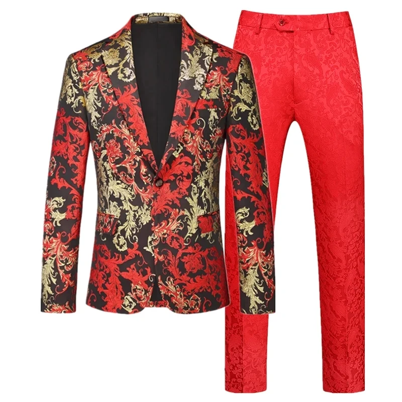 Men's high-end jacquard wedding banquet set 2-piece fashionable singer dance, party, dress, luxurious floral jacket and pants