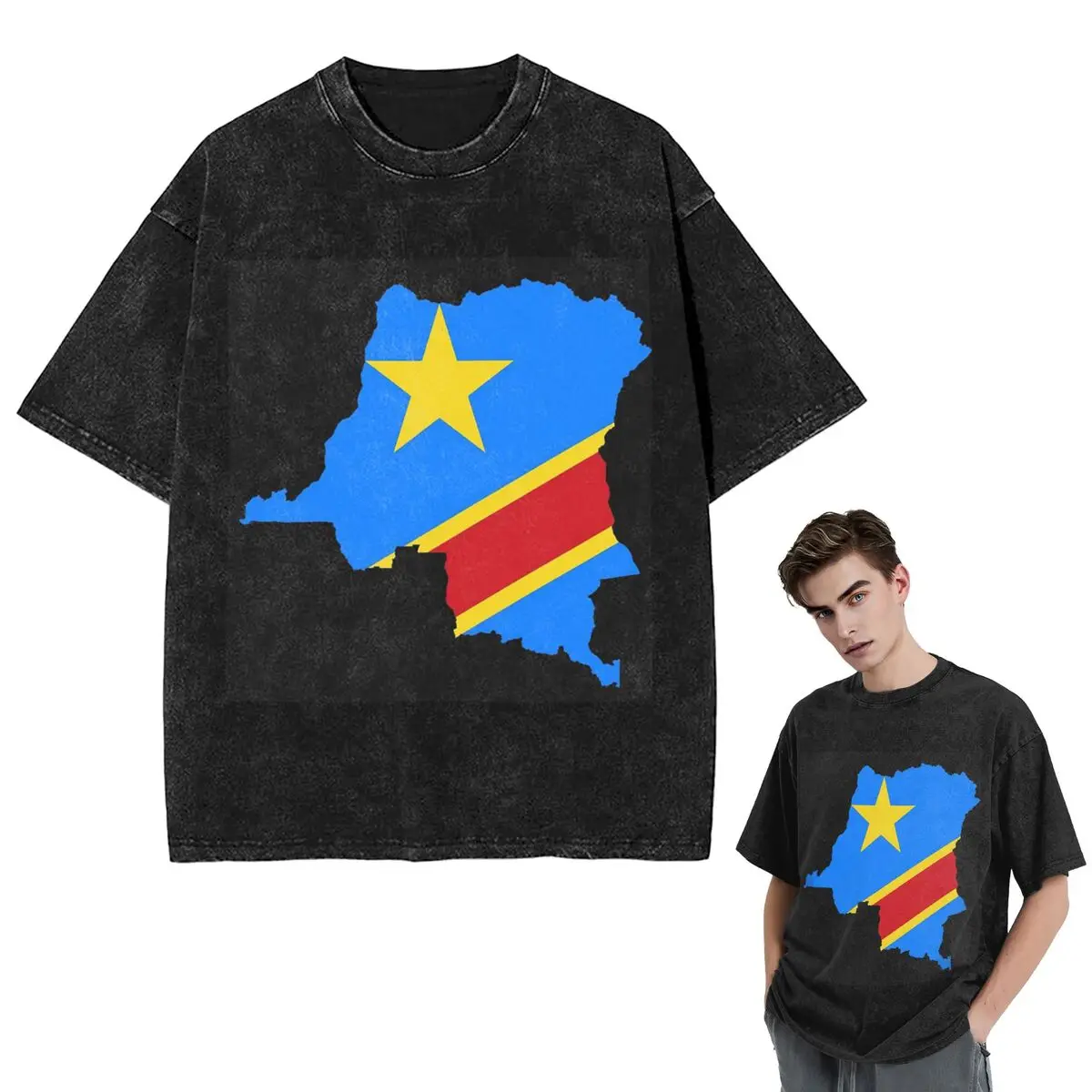 Streetwear T-Shirts Flag Map Of The Congo Washed T Shirt Short Sleeve Hip Hop T-Shirt Tops Tees for Men Women
