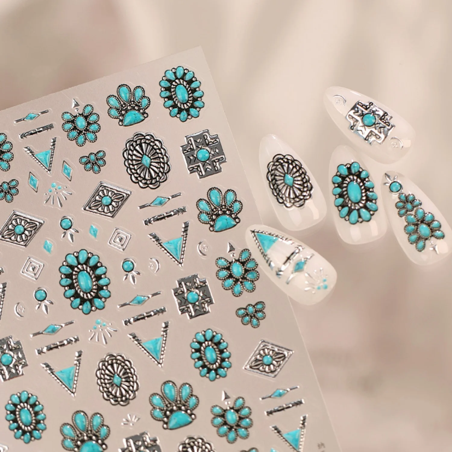 Boho Western Tribal Nail Decals 5D Turquoise Tone Metal Diamond Triangle Bar Antique Ethnic Print Retro Cowgirl Nail Stickers