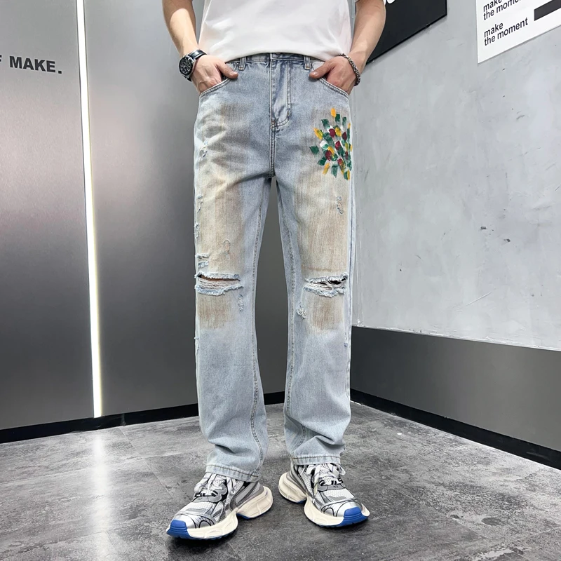 American Printed Distressed Loose Fit Straight Leg trend ige Jeans mit weitem Bein