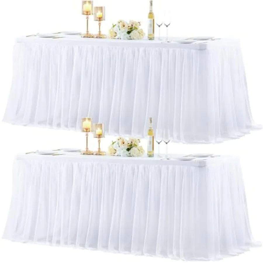 

2 Pack White Stretch Fitted Tulle Table Covers Skirt for 6 Foot Rectangle Tables Wedding Banquet Baby Shower Cake Tablecloths D