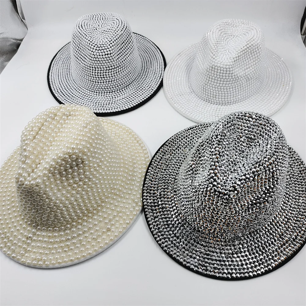 Rhinestone and Pearl Fedoras Jazz Hats for Men and Women Red Matching Black Diamond Fedoras Stage Banquet Cap 2022 wholesale