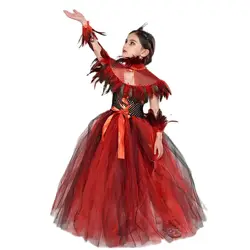 Girls Demon Evil Queen New Halloween Costume Girl Demon Witch Dress Red Mesh Elegant Gown Vampire Carnival Party Cosplay Costume