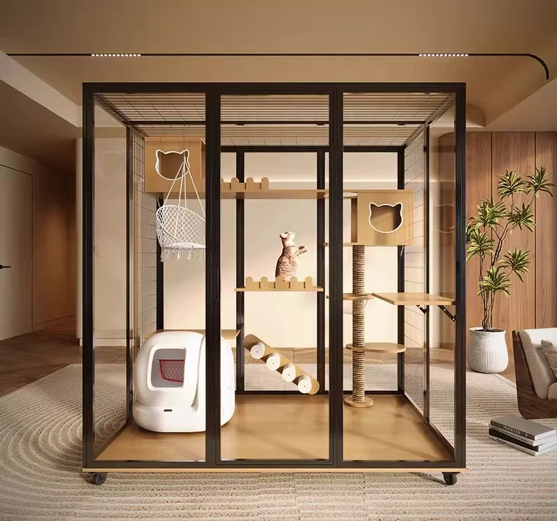

Panoramic cat villa cat cage customization free three-layer oversized household solid wood villa large indoor glass cat room