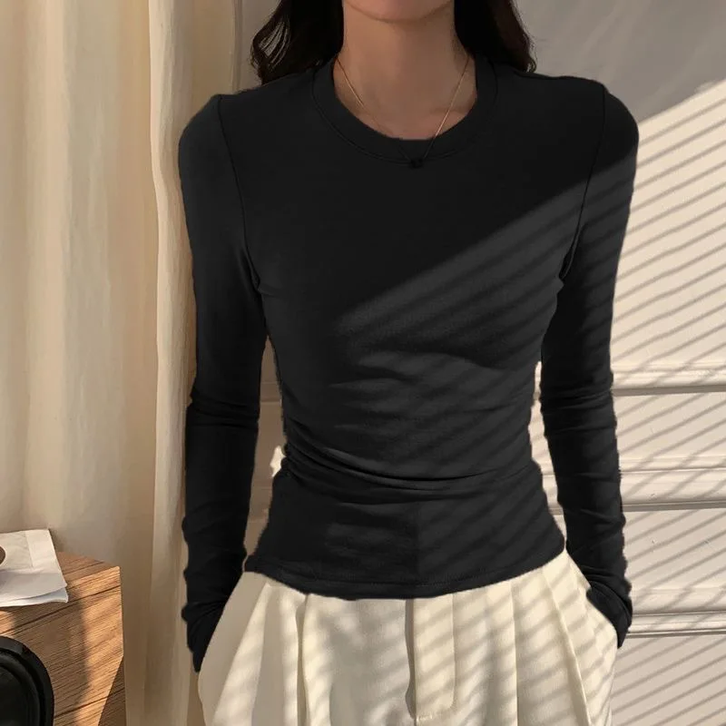 Camiseta de manga larga con cuello redondo y corte ajustado para mujer, camiseta básica de color sólido, estilo coreano moderno, informal, para ir al trabajo