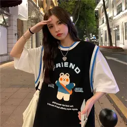 Women Summer Korean Loose Fashion Printing Thin Large Size O-neck Short Sleeve Patchwork T-Shirt Ladies Casual Appear Thin Tops