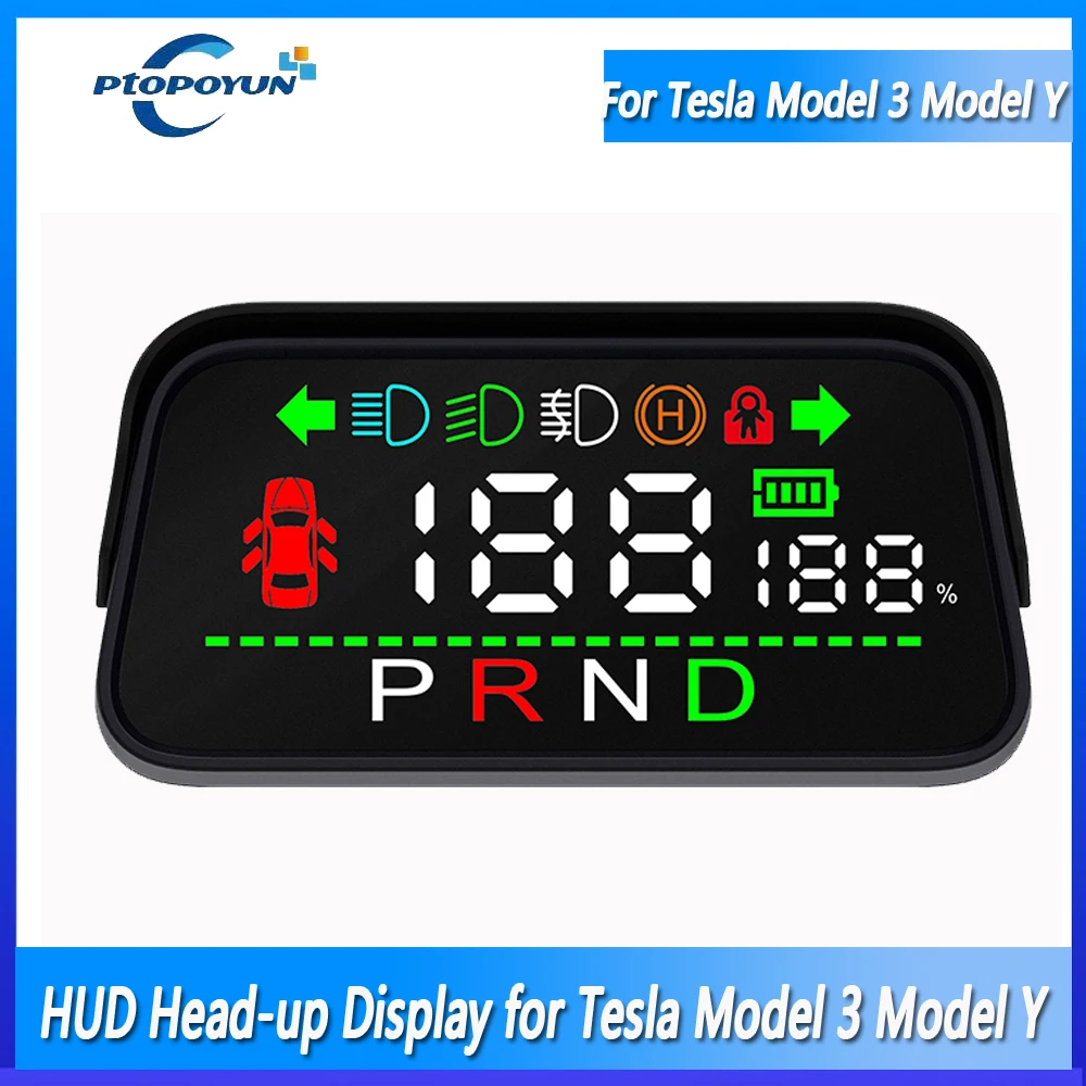 

Ptopoyun HUD For Tesla Model 3 Model Y Car Head Up Display Digital Speedometer Alarm Turn Signal Braking Light Gear Indicator