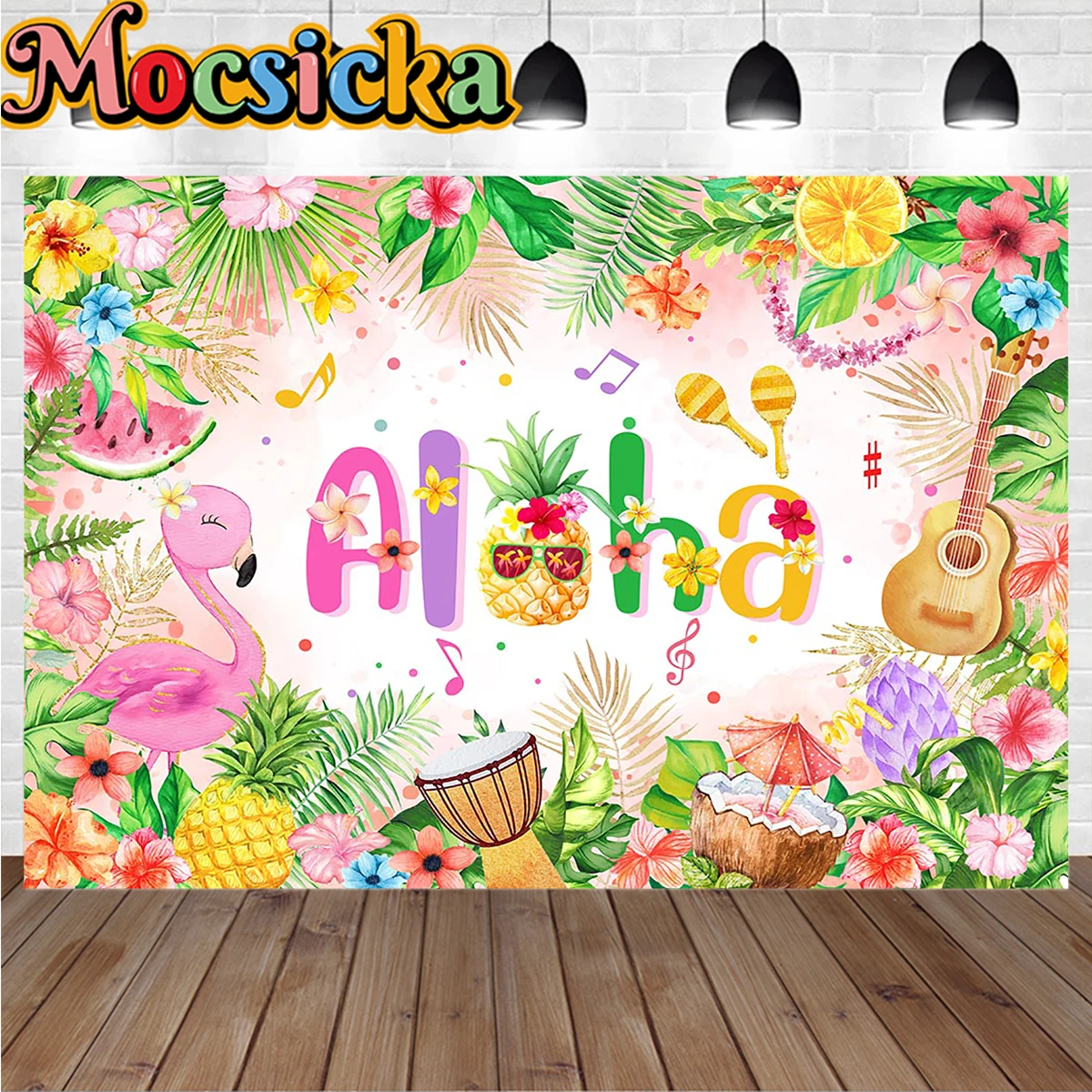 خلفية حفلة عيد ميلاد ألوها هاواي ، فتاة فلامنغو ، خلفية عرض طفل ، غيتار أناناس فواكه ، ديكور زهور استوائية