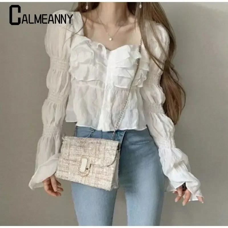 2023 Autumn Kroean Edition Chiffon Casual Loose Personality Square Collar Lotus Flare Falbala Sleeve Women's Shirt Fresh Wind