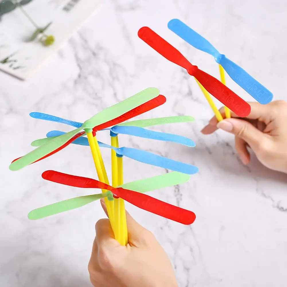 10/20pcs Bamboo Dragonfly Flying Toy Plastic Propeller Outdoor Hand Push Rotating Flying Arrow Classic Kids Gift Random Color