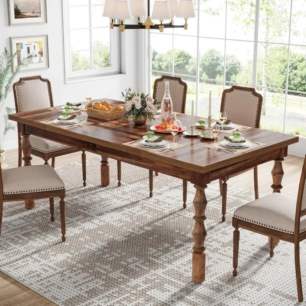 

62” Wood Dining Table, Farmhouse Large Rectangle Kitchen Table, Dinner Table Kitchen Furniture with Carved Turned Legs