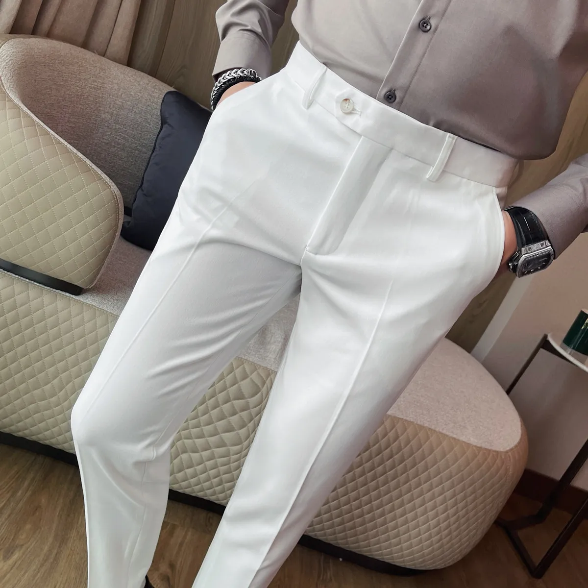

Solid Color Suit Pants Men Autumn Winter Business Casual Pants Ankle Length Versatile Social Office Daily Trousers Men Clothing