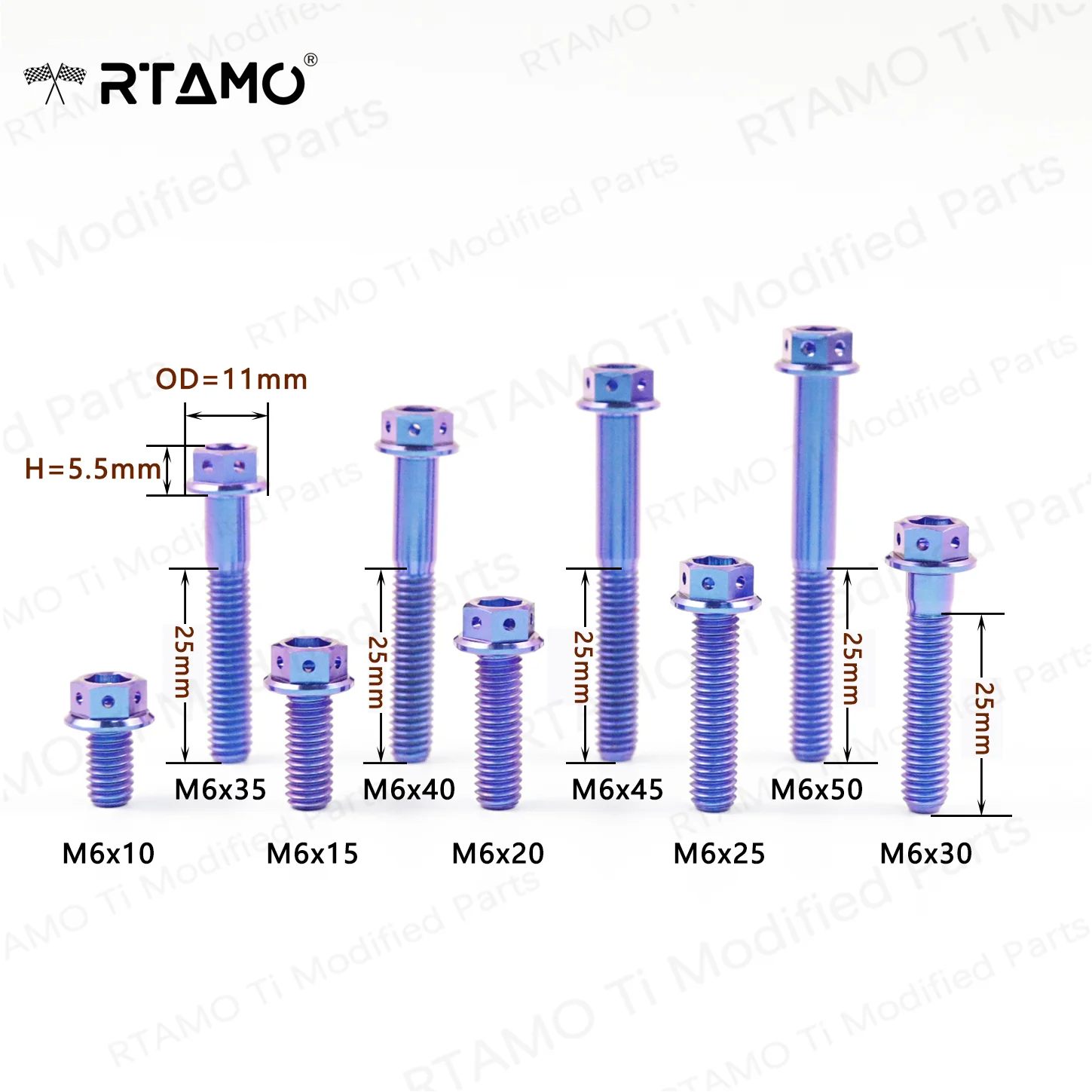 (1 Piece Pack) Titanium Alloy M6 Hex Flange Race Spec Bolts M6x10/15/20/25/30/35/40/45/50mmL Universal Fitment