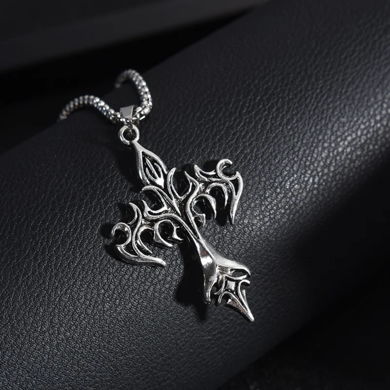 Gothic Vintage Flame Cross Pendant Necklace Harajuku Chain Choker Collar Grunge Egirl Goblincore Women Men Accessories Jewelry