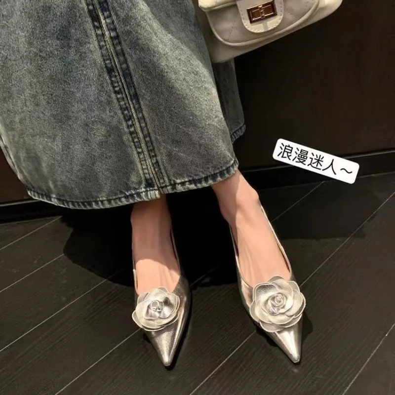 Women Shoes High Heels Loafers Elegant Woman Shoes Low Heels Wedding Bride Pointed Toe Silver Gold Rose Evening Party Shoes