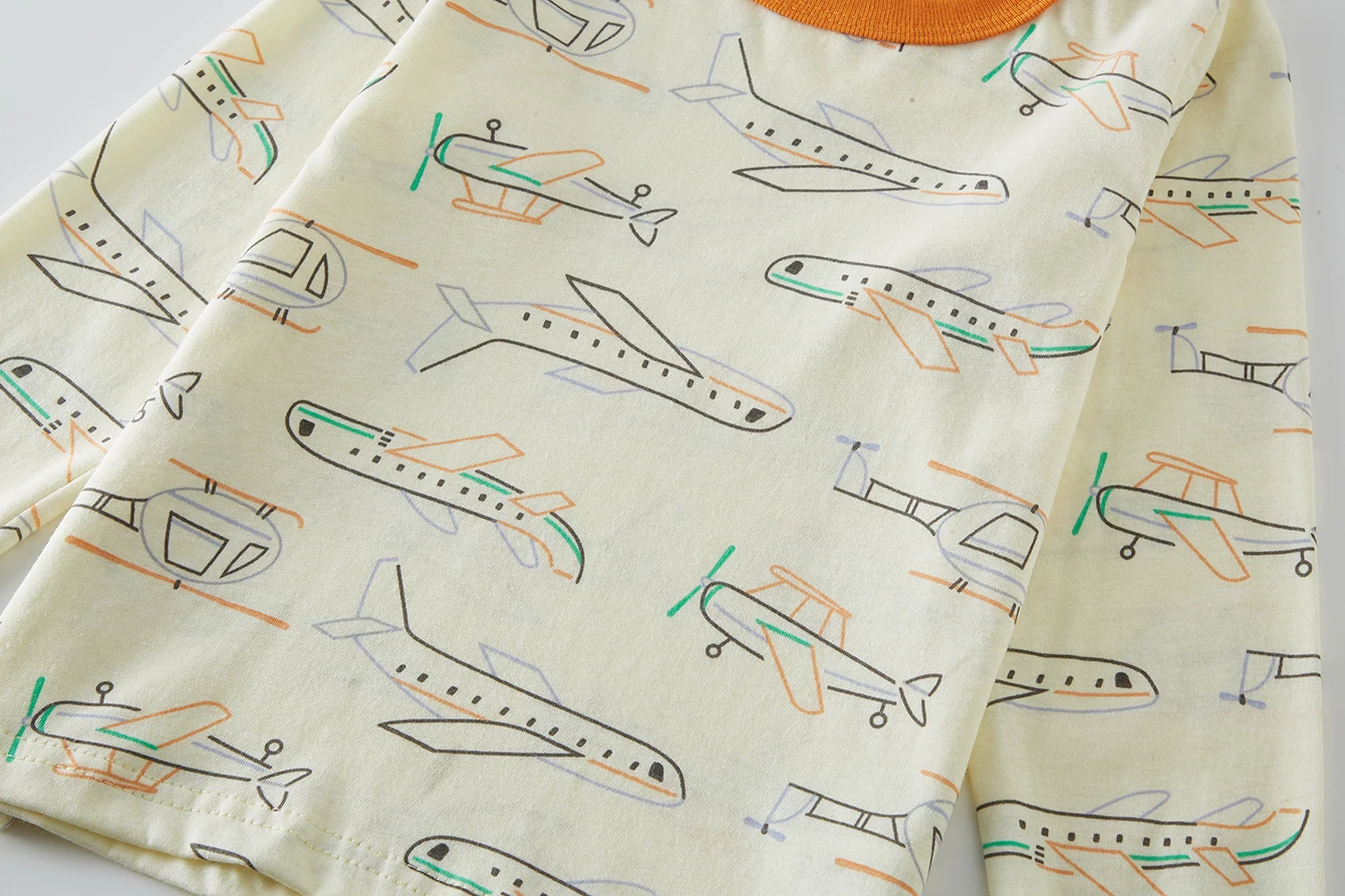 Kinder-Schlafanzug-Set aus 100% Baumwolle mit Vollflächigem Cartoon-Flugzeug-Druck, Langarm-Pyjama für Kinder von 1-8 Jahren, 2-teilig – Detail 8