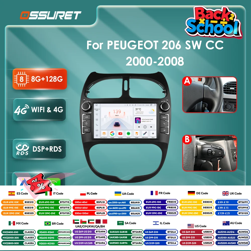 Android 12 Autoradio per PEUGEOT 206 206CC 206SW 2000-2005 2006 2007 2008 Lettore multimediale GPS navi Video 7862 2din Autoradio
