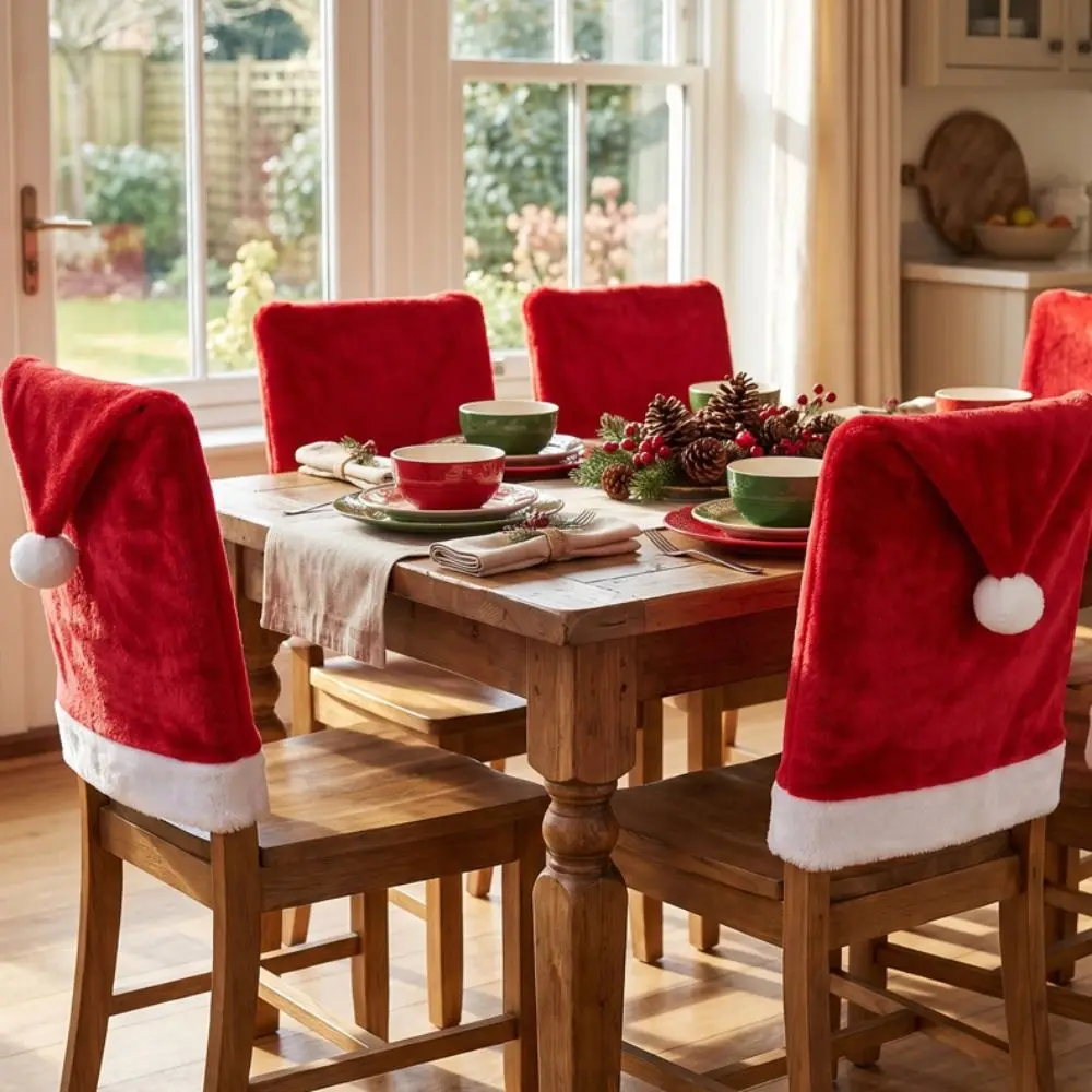 Cartoon Christmas Chair Covers Comfortable Santa Hat Xmas Dinner Chair Seat Cover Washable Removable Red Chair Back Cover