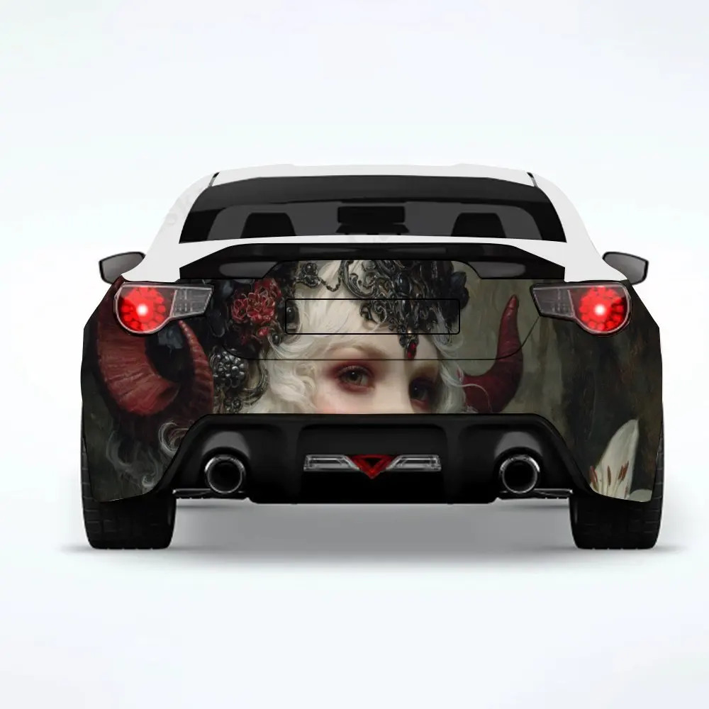 

Dark Fantasy Girl с рогами и белой лилией, виниловая наклейка на заднюю часть автомобиля, водонепроницаемые самоклеящиеся виниловые наклейки для хвоста автомобиля a